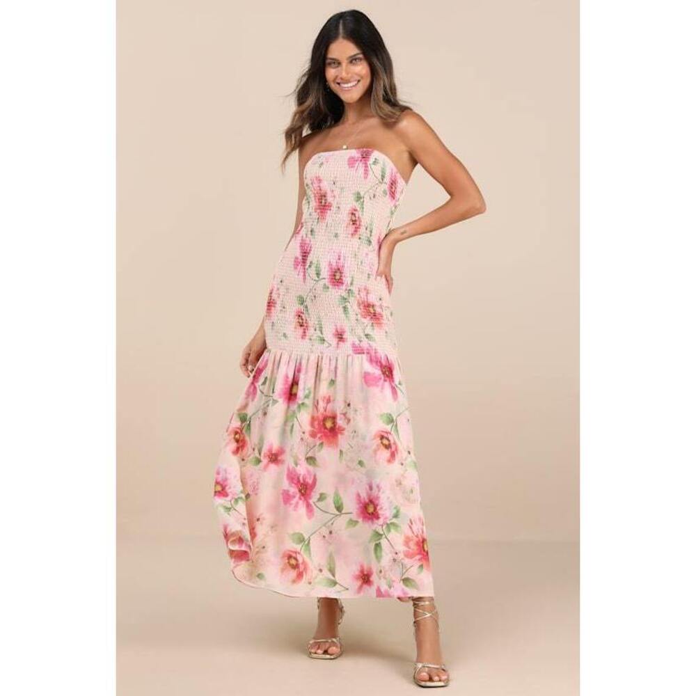 Lulus Balbina Beige Floral Smocked Drop Waist Maxi Dress - Size M
